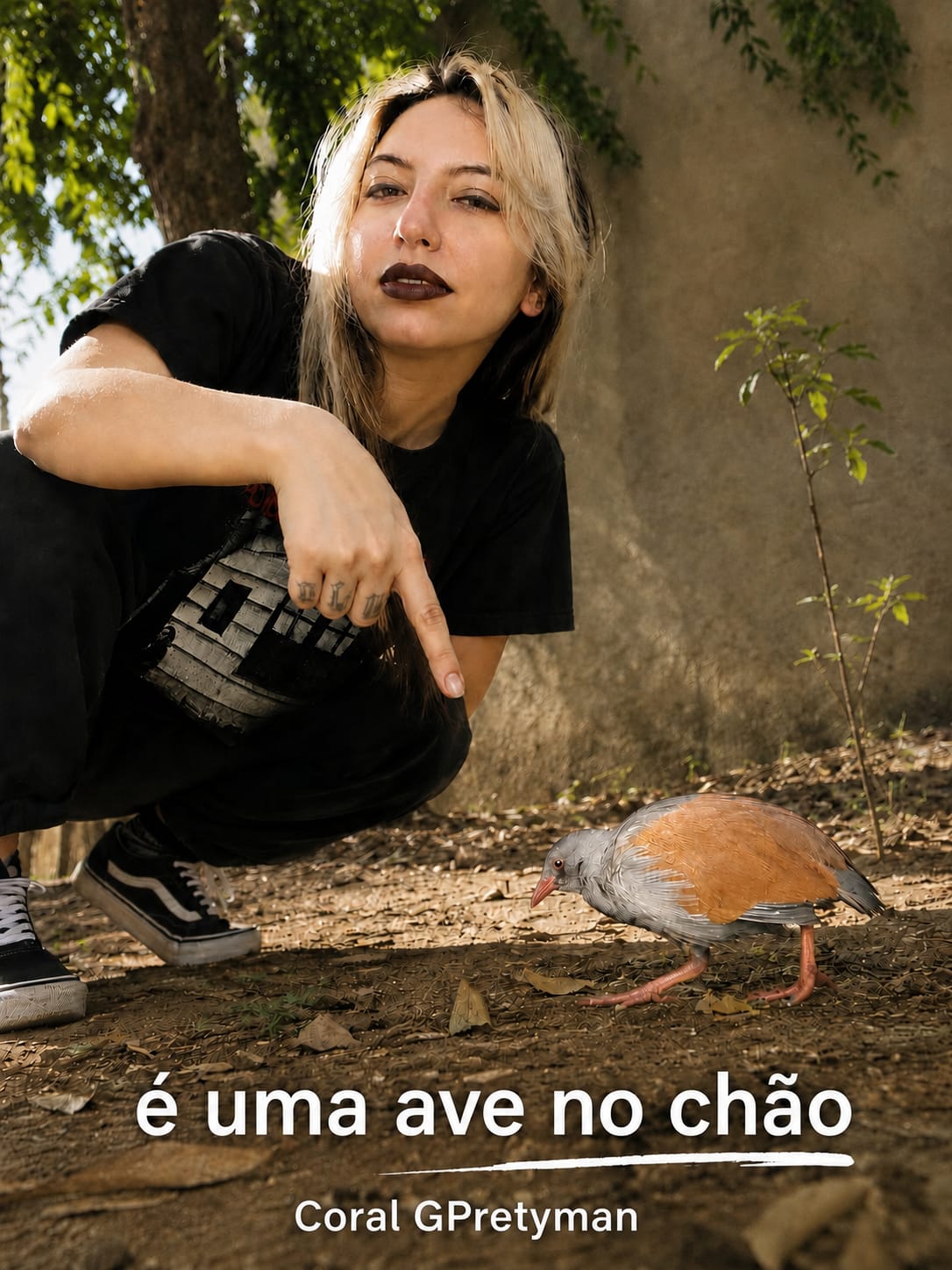 Mulher agachada apontando para uma ave no chão, entre folhas secas