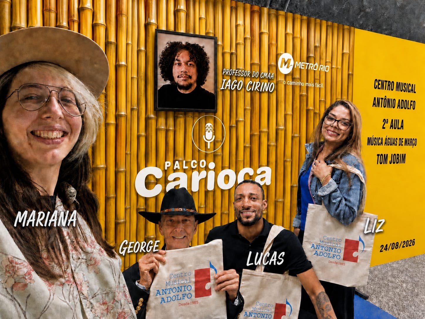 Mariana, George, Lucas e Liz do Voz Universal no Palco Carioca, Centro Musical Antônio Adolfo, preparando Águas de Março