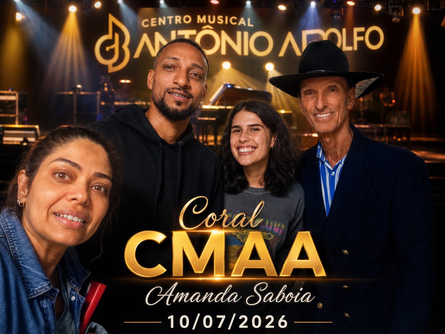 Selfie em grupo no palco do Centro Musical Antônio Adolfo, cartaz do Coral CMAA com Amanda Saboia